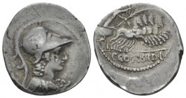 C. Considius Paetus. Denarius circa 46, AR 19.10 mm., 3.31 g.
Helmeted bust of Minerva r., wearing aegis. Rev. Victory in quadriga r., holding palm b...