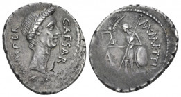 Denarius 44 BC, AR 18.60 mm., 4.01 g.
CAESAR – IMPER Wreathed head of Caesar r. Rev. M·METTIVS Venus standing l., holding sceptre and Victory, and re...