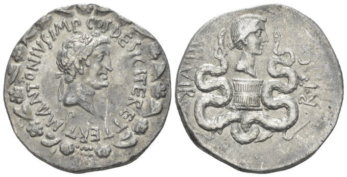 Marcus Antonius. Cistophoric tetradrachm circa 39, AR 26.20 mm., 12.01 g.
M·ANT...