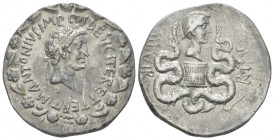 Marcus Antonius. Cistophoric tetradrachm circa 39, AR 26.20 mm., 12.01 g.
M·ANTONIVS·IMP·COS· DESIG·ITER ET·TERT Ivy-wreathed head r.; below, lituus....