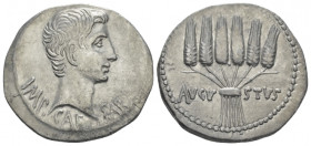 Octavian as Augustus, 27 BC – 14 AD Cistophoric tetradrachm Ephesus circa 25-20, AR 25.00 mm., 11.84 g.
Bare head r. Rev. Six bunched corn ears. C 32...