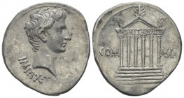 Octavian as Augustus, 27 BC – 14 AD Cistophoric tetradrachm Pergamum circa 19-18, AR 25.00 mm., 11.88 g.
 Bare head r. Rev. Hexastyle temple inscribe...