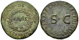 Octavian as Augustus, 27 BC – 14 AD Sestertius, C. Marcius Censorinus Rome circa 18, Æ 35.00 mm., 23.84 g.
 OB CIVIS SERVATOS Oak-wreath between two ...