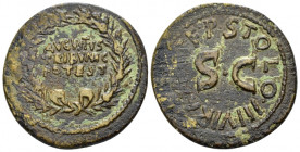 Octavian as Augustus, 27 BC – 14 AD Dupondius, P. Licinius Stolo Rome circa 17, Æ 29.00 mm., 10.28 g.
AVGVSTVS TRIBVNIC POTEST in three lines in oak-...
