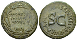 Octavian as Augustus, 27 BC – 14 AD Dupondius, C. Cassius Celer Rome circa 16 BC, Æ 28.00 mm., 10.84 g.
 AVGVSTVS TRIBVNIC POTEST in three lines in o...