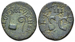 Octavian as Augustus, 27 BC – 14 AD Quadrans, Pulcher, Taurus, Regulus Rome circa 8 BC, Æ 17.00 mm., 2.82 g.
PVLCHER TAVRVS REGVLVS Simpulum and litu...