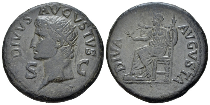 Divus Augustus Dupondius circa 37-41, Æ 30.50 mm., 15.10 g.
 DIVVS AVGVSTVS Rad...