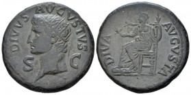 Divus Augustus Dupondius circa 37-41, Æ 30.50 mm., 15.10 g.
 DIVVS AVGVSTVS Radiate head l. Rev. Augustus seated l. on curule chair, holding branch. ...