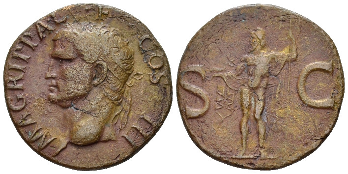 In the name of Agrippa As After 37, Æ 27.80 mm., 9.88 g.
Head l., wearing rostr...