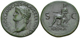 Nero, 54-68 Sestertius circa 65, Æ 35.00 mm., 26.27 g.
Laureate head l. Rev. Roma seated l. on cuirass, holding Victory and sceptre; at her side, shi...