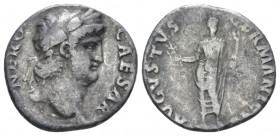 Nero, 54-68 Denarius circa 64-65, AR 16.90 mm., 2.86 g.
Laureate head r. rev. Nero standing facing, radiate and togate, holding Victory and laurel br...