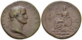 Galba, 68-69 Sestertius Rome 68-69, Æ 35.00 mm., 24.50 g.
Laureate and draped bust r. Rev. S – C Roma, helmeted and in military attire, seated l. on ...
