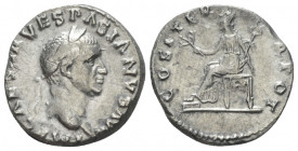 Vespasian, 69-79 Denarius circa 70, AR 16.40 mm., 3.08 g.
IMP CAESAR VESPASIANVS AVG Laureate head r. Rev. COS ITER TR POT Pax seated l. on throne, h...