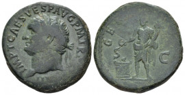 Titus, 79-81 As circa 80-81, Æ 26.20 mm., 11.85 g.
IMP T CAES VESP AVG P M TR P COS VIII Laureate head l. Rev. GENIO - P R S - C Genius of the Roman ...