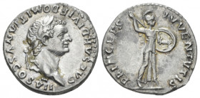 Domitian caesar, 69-81 Denarius Rome 80-81, AR 18.00 mm., 3.54 g.
Laureate head r. Rev. Minerva standing r., holding shield and hurling spear. C 220....
