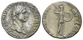 Domitian, 81-96 Plated denarius Rome 84, AR 20.00 mm., 3.38 g.
Laureate bust r., wearing aegis. Rev. Minerva advancing r., holding shield and spear. ...
