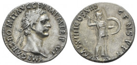 Domitian, 81-96 Plated denarius Rome circa 87, AR 18.00 mm., 2.96 g.
 Laureate head r. Rev. Minerva standing r., holding spear and shield. C 217. RIC...