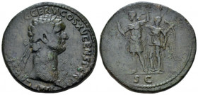 Domitian, 81-96 Sestertius Rome circa 90-91, Æ 34.00 mm., 24.39 g.
Laureate head r. Rev. Domitian standing l., holding thunderbolt in r. hand and spe...