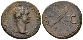 Domitian, 81-96 As circa 85, Æ 27.30 mm., 11.52 g.
Laureate head r., aegis on l. shoulder. Rev. Vexillum, crossed shields, spears and trumpets; in fi...