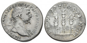Trajan, 98-117 Denarius Rome circa early 113-summer 114, AR 19.00 mm., 3.21 g.
Laureate bust r., with drapery on l. shoulder. Rev. Legionary eagle be...