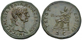 Trajan, 98-117 Sestertius Rome circa 98-99, Æ 34.00 mm., 27.82 g.
Laureate head r. Rev. Pax seated l., holding branch in r. hand and sceptre in l.; i...