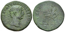 Trajan, 98-117 Dupondius circa 98-99, Æ 27.00 mm., 13.15 g.
Radiate head r. Rev. Abundantia seated l.on chair formed of two cornucopias, holding scep...