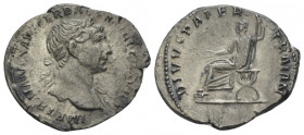 Trajan, 98-117 Denarius Rome 112-117, AR 20.00 mm., 3.15 g.
 Laureate bust r. with drapery on far shoulder. Rev. Emperor seated on curule chair, hold...