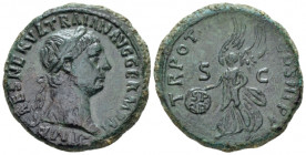 Trajan, 98-117 As Rome 101-102, Æ 28.00 mm., 13.41 g.
Laureate head r. Rev. Victory advancing l., holding shield inscribed SP/QR and palm branch; S-C...