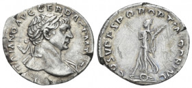 Trajan, 98-117 Denarius Rome circa 108-109, AR 18.00 mm., 2.98 g.
Laureate bust r., slight drapery on far shoulder. Rev. Victory advancing l. above D...