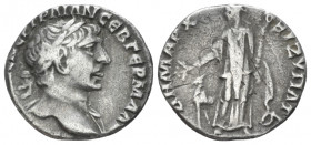 Trajan, 98-117 Drachm Arabia circa 112, AR 16.00 mm., 2.97 g.
Laureate head r., with slight drapery. Rev. Arabia standing l., holding branch and bund...
