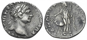 Trajan, 98-117 Drachm Arabia circa 112, AR 16.00 mm., 3.25 g.
Laureate head r., with slight drapery. Rev. Arabia standing l., holding branch and bund...
