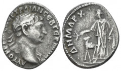 Trajan, 98-117 Drachm Arabia circa 112, AR 19.00 mm., 3.22 g.
Laureate head r., with slight drapery. Rev. Arabia standing l., holding branch and bund...