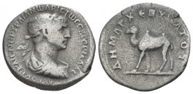 Trajan, 98-117 Drachm Arabia circa 114-116, AR 19.00 mm., 3.10 g.
Laureate, draped and cuirassed bust r. Rev. Camel walking l. RPC 4077.

Very fine