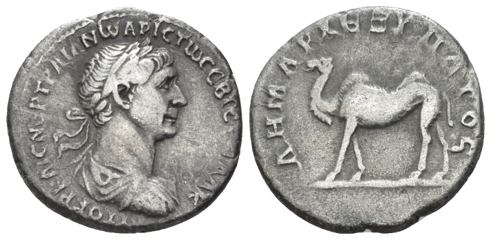 Trajan, 98-117 Drachm Arabia circa 114-116, AR 17.00 mm., 3.10 g.
Laureate, dra...