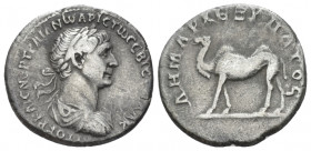 Trajan, 98-117 Drachm Arabia circa 114-116, AR 17.00 mm., 3.10 g.
Laureate, draped and cuirassed bust r. Rev. Camel walking l. RPC 4077.

Very fine