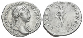 Trajan, 98-117 Denarius circa 113-114, AR 20.00 mm., 3.16 g.
IMP TRAIANO AVG GER DAC PM TR P COS VI P P Laureate bust r., aegis on l. shoulder. Rev. ...