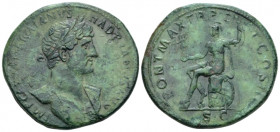 Hadrian, 117-138 Sestertius Rome circa 119, Æ 35.00 mm., 26.08 g.
 Laureate bust r., with drapery on l. shoulder. Rev. Roma seated l. on cuirass, r. ...