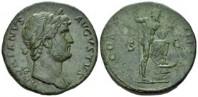 Hadrian, 117-138 Sestertius Rome circa 126, Æ 33.00 mm., 27.21 g.
Laureate bust r., drapery on l. shoulder. Rev. Neptune standing r, holding trident ...