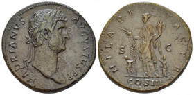 Hadrian, 117-138 Sestertius Rome 128-129, Æ 32.00 mm., 27.02 g.
Laureate head r. Rev. Hilaritas standing l., holding long palm branch and cornucopia;...