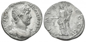 Hadrian, 117-138 Denarius circa 121, AR 18.20 mm., 3.09 g.
Laureate and draped bust r. Rev. P M TR P COS III Aequitas standing facing, head l., holdi...