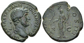 Hadrian, 117-138 As circa 121-123, Æ 27.40 mm., 11.99 g.
IMP CAESAR TRAIAN HADRIANVS AVG Laureate head r. Rev. P M TR P COS III Pax standing l., hold...