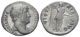 Hadrian, 117-138 Denarius circa 136, AR 17.10 mm., 3.37 g.
Bare head-ed bust r., drapery on l. shoulder. Rev. VICTO RIA AVG Victory (Nemisis) advanci...