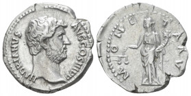 Hadrian, 117-138 Denarius circa 136, AR 18.30 mm., 3.19 g.
HADRIANVS AVG COS III P P Bare head of Hadrian to right. Rev. MONETA AVG Moneta standing l...