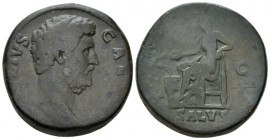 Aelius Caesar, 136-138 Sestertius circa 137, Æ 30.20 mm., 30.55 g.
L AELIVS – CAESAR Bare head r. Rev. T – R POT – COS II Salus seated l., feeding ou...