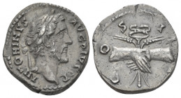 Antoninus Pius, 138-161 Denarius Rome 145-147, AR 17.00 mm., 3.30 g.
Laureate head r. Rev. Clasped hands, holding caduceus and corn ears. C 344. RIC ...