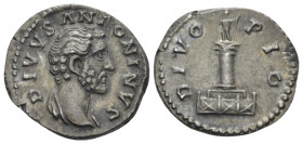 Divus Antoninus Pius Denarius Rome After 161, AR 18.00 mm., 3.27 g.
 Bare headed and draped bust r. Rev. Column surmounted by statue of Divus Antonin...