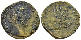 Commodus, 177-192 Sestertius circa 186-189, Æ 32.00 mm., 24.22 g.
Laureate head r. Rev. Victory flying l., holding wreath with both hands; at feet tw...