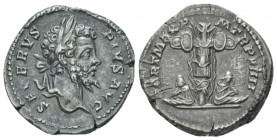 Septimius Severus, 193-211 Denarius Rome 201, AR 19.00 mm., 3.45 g.
SEVERVS PIVS AVG Laureate head r. Rev. PART MAX P M TR P VIIII Trophy of arms, wi...