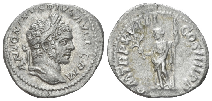 Caracalla, 198-217 Denarius circa 215, AR 19.20 mm., 3.43 g.
Laureate head r. R...