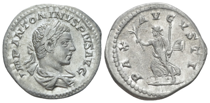 Elagabalus, 218-222 Denarius circa 222, AR 19.40 mm., 2.69 g.
IMP ANTONINVS PIV...